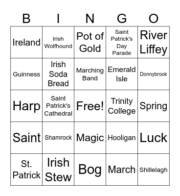 St Patrick's Day Bingo Card