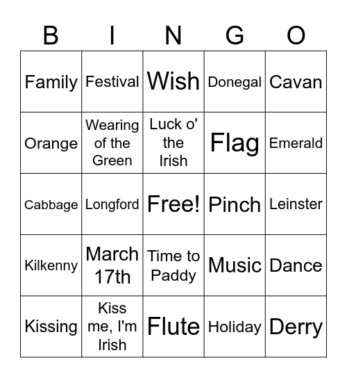 Saint Patrick's Day Bingo Card