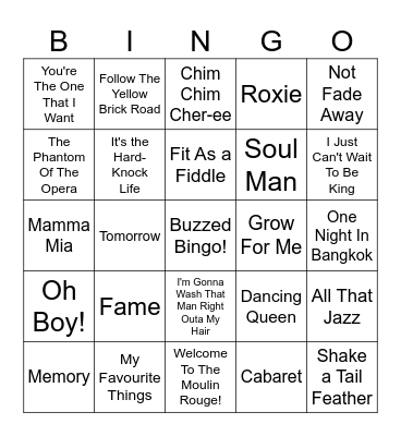 Songs From Musicals Bingo Card