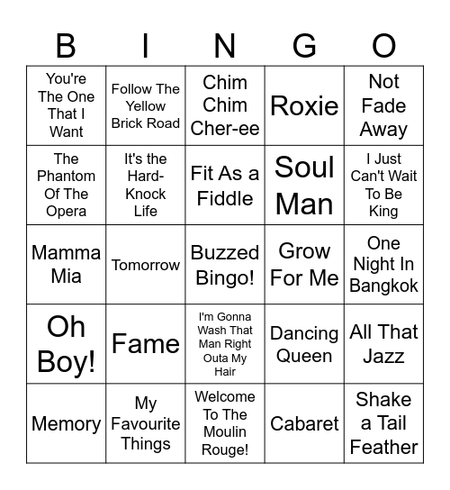 Songs From Musicals Bingo Card