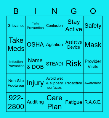 ElderONE Patient Safety Week Bingo Card