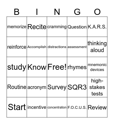 Study Skills Vocab Bingo Card