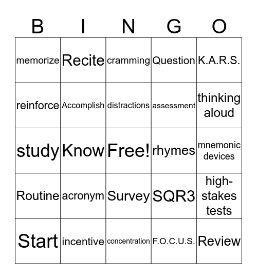 Study Skills Vocab Bingo Card