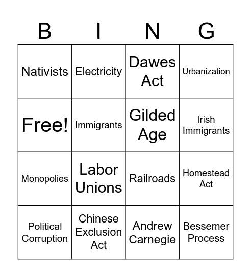 Gilded Age Bingo Card
