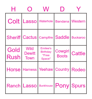 "HOWDY" Cowgirl! Bingo Card