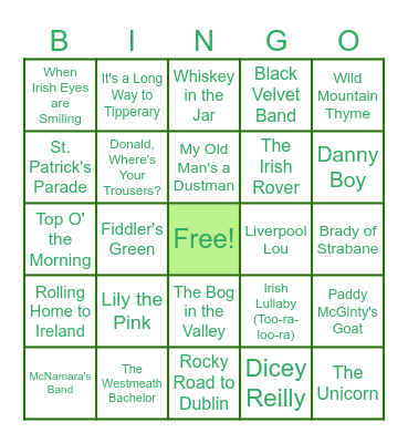 Irish Music Bingo Card