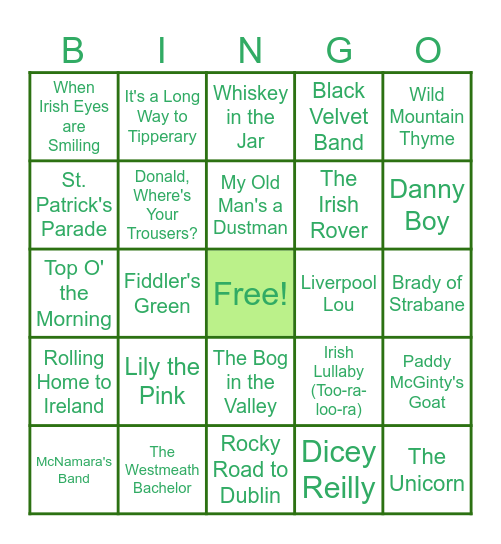 Irish Music Bingo Card