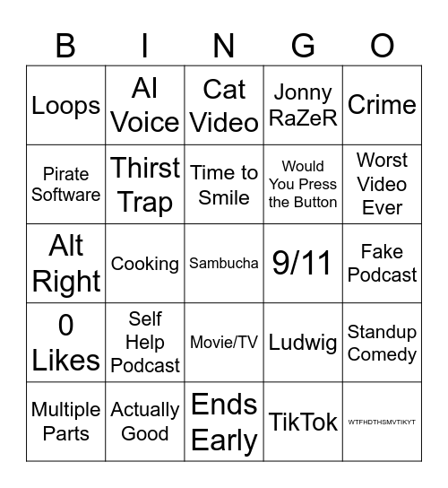 YouTube Shorts Bingo Card