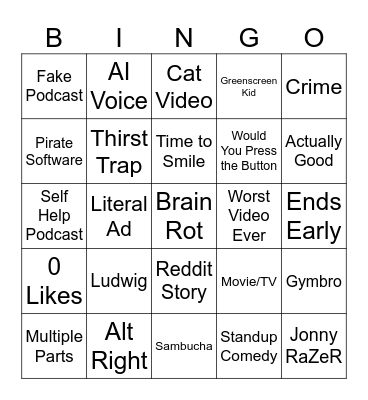YouTube Shorts Bingo Card