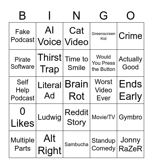 YouTube Shorts Bingo Card