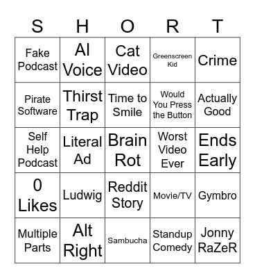 YouTube Shorts Bingo Card