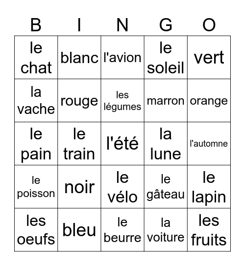 French Vocab Bingo Card