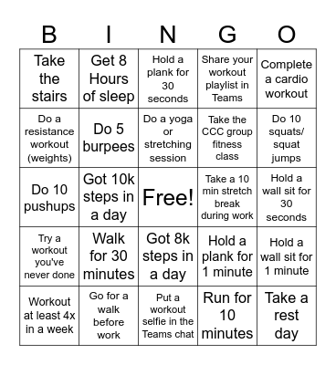 Crohn's and Colitis Canada Team Fitness Bingo Card