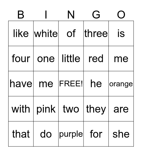 Kindergarten Sight Words Bingo Card