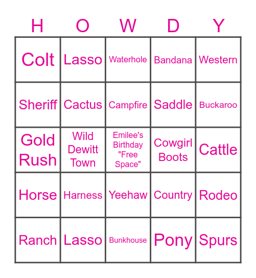 "HOWDY" Cowgirl! Bingo Card