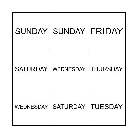 Days of the week Bingo Card