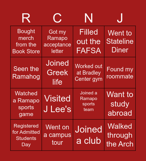 Ramapo College Bingo Card