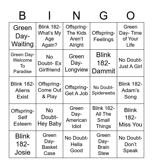 Radio Bingo Ska & Punk Showdown Bingo Card