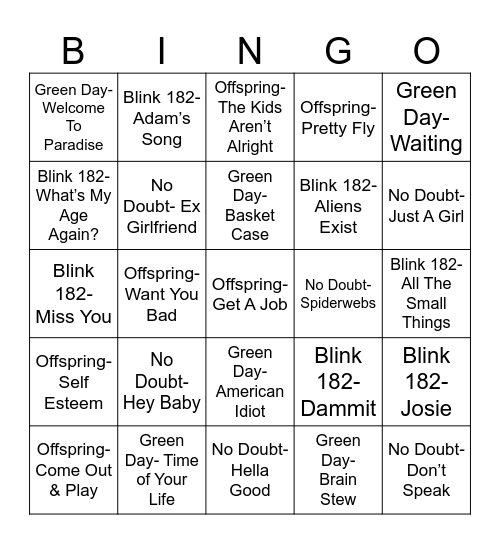 Radio Bingo Ska & Punk Showdown Bingo Card