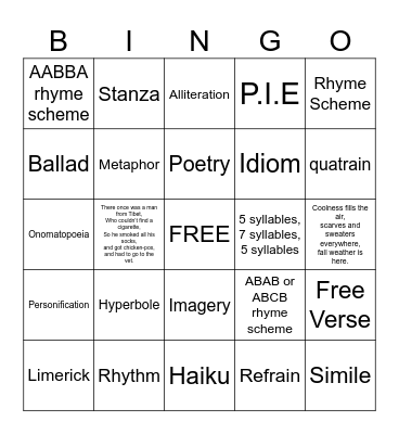 Poetry Unit Review BINGO Card