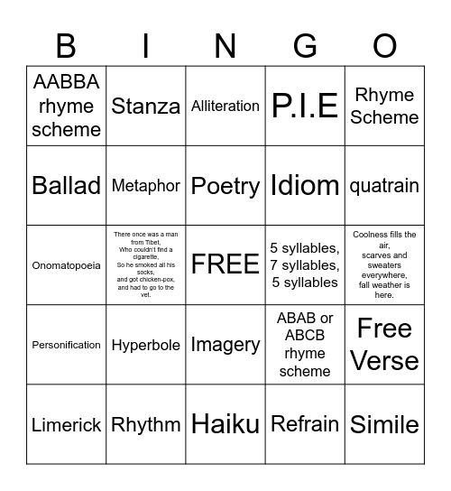 Poetry Unit Review BINGO Card