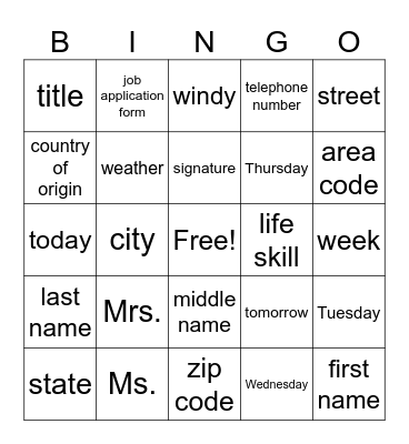 Unit 1 Bingo Card