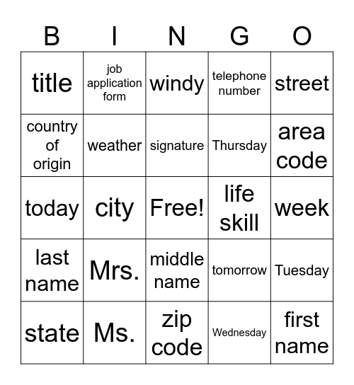 Unit 1 Bingo Card