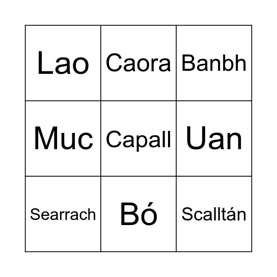 Ainmhithe Bingo Card