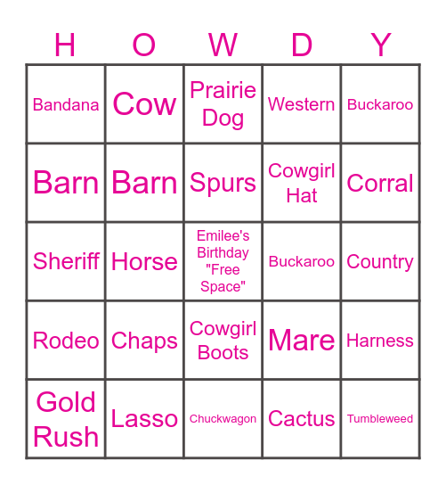 "HOWDY" Cowgirl! Bingo Card