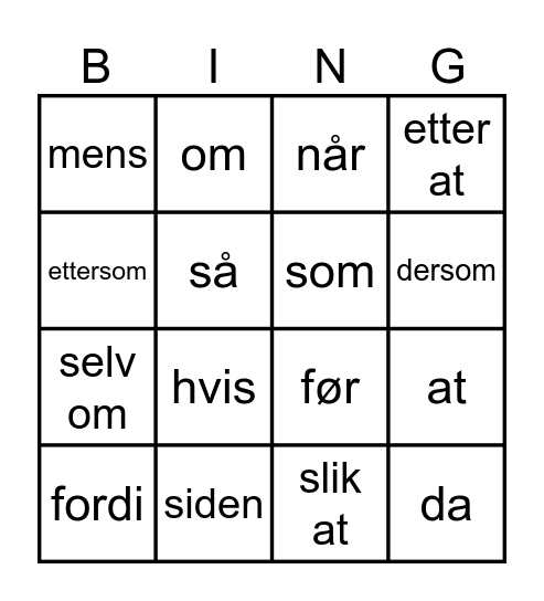 Subjunksjons-bingo Card