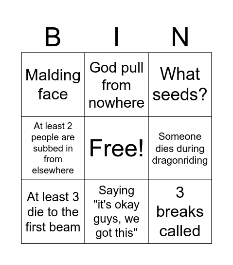 Tindral bingo Card