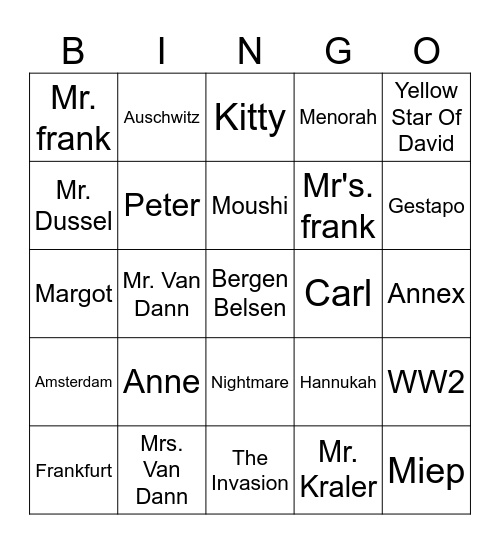 Anne Frank Bingo Card