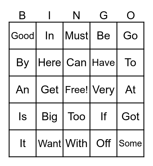 Sight Word Bingo Card