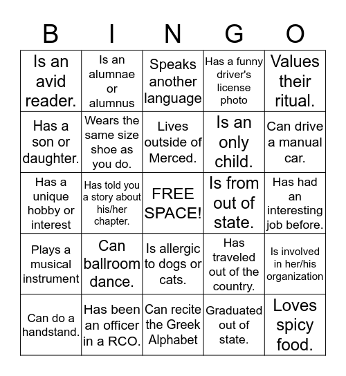 Be A Better Greek Week Bingo Card