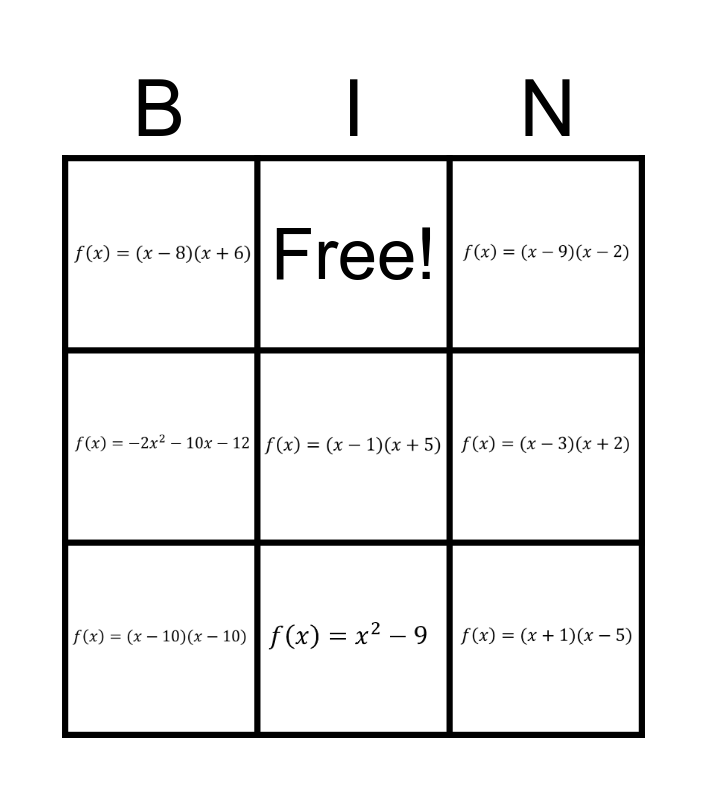 Quadratics Bingo Card