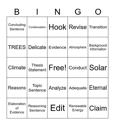 Unit 6/2 Vocabulary and Paragraph Review Bingo Card