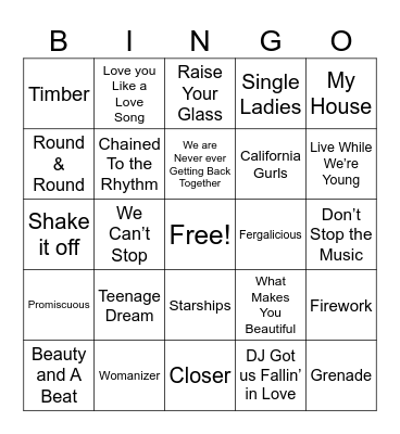 Pop Music Bingo Card