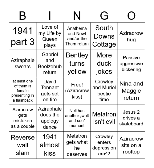 Good Omens S3 predictions/hopes Bingo Card