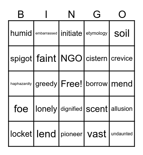 Seedfolks Vocabulary Bingo Card