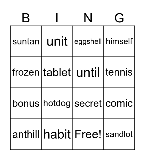 Open/Closed 2 syllable Words Bingo Card