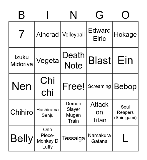 Anime! Bingo Card