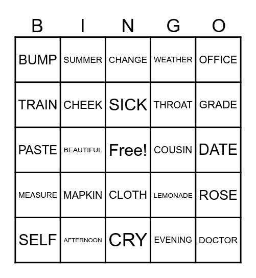 BINGO 5d Bingo Card
