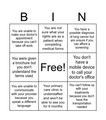 Healthcare Access Bingo! Bingo Card