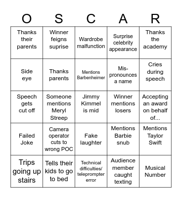 Oscars 2024 Bingo Card