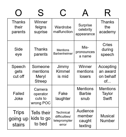 Oscars 2024 Bingo Card