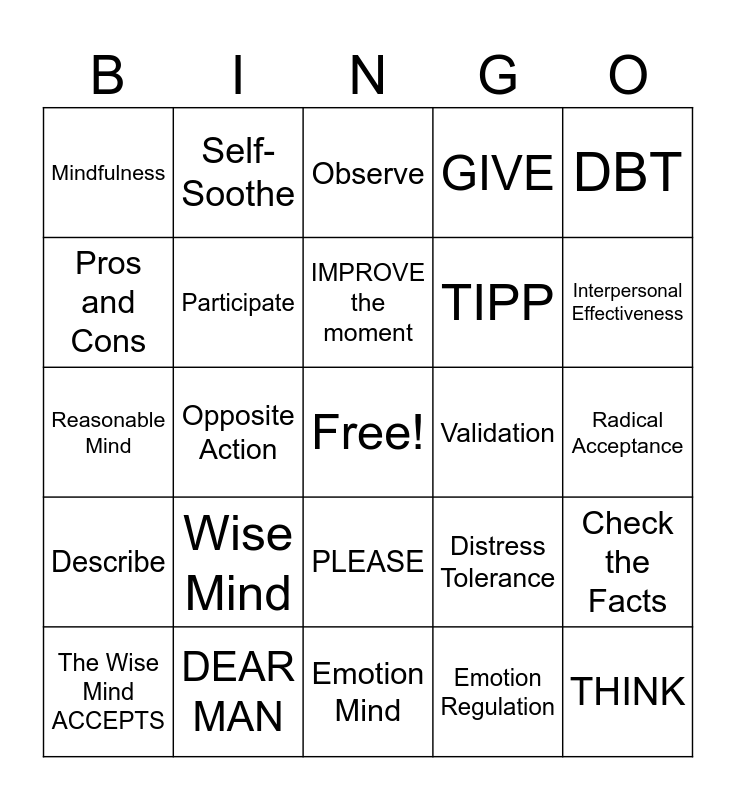 DBT Skills Bingo! Distress Tolerance, Mindfulness, and Emotional ...