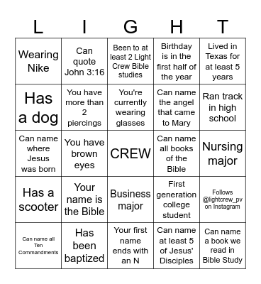 Light Crew BINGO Card