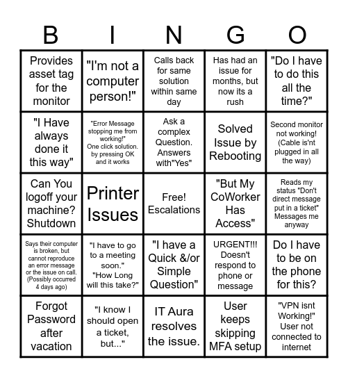 Help Desk Bingo Card