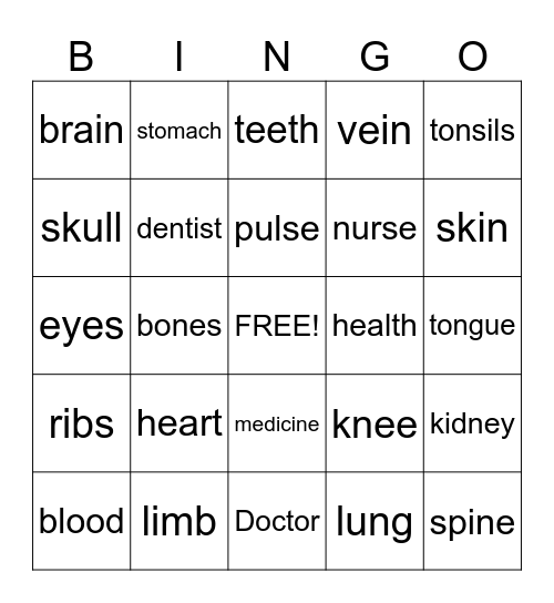 Health Care for Kids Bingo Card