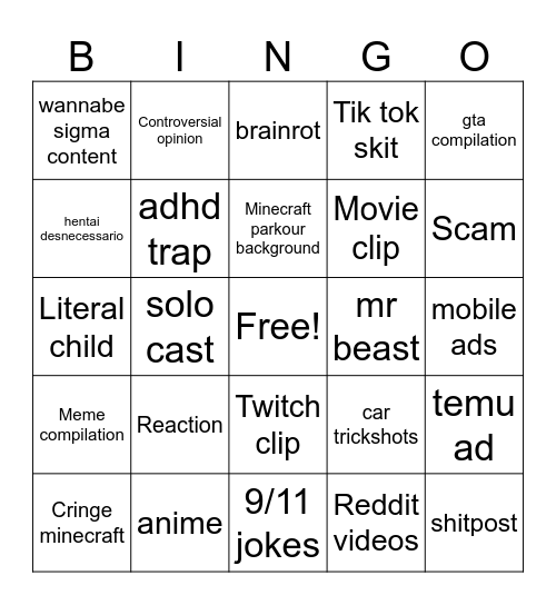 YouTube shorts Bingo Card